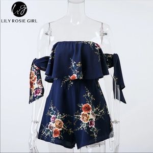 Off Shoulder Romper Navy Blue Floral Print